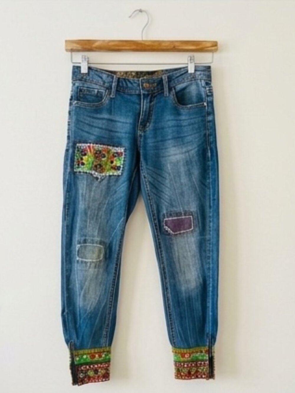 Desigual Exotic Collection Boho Patchwork Jeans Size 26 (Ankle Zip)